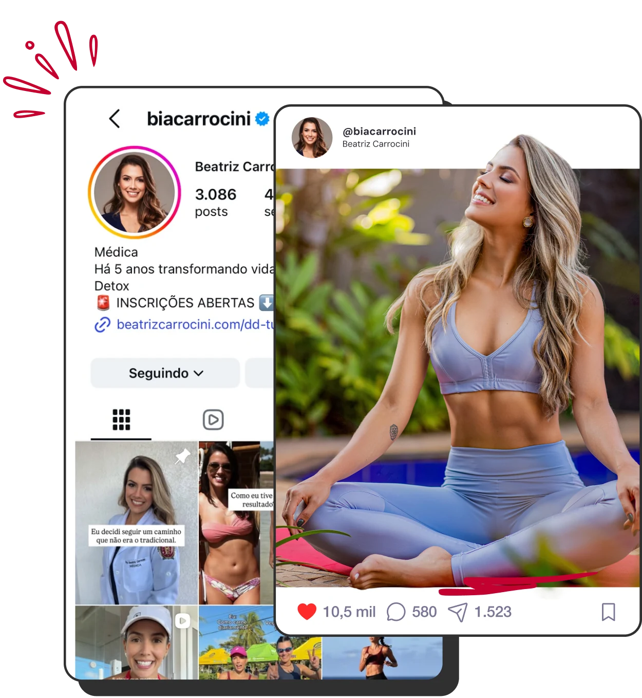 Beatriz e conteúdos do seu dia a dia no Instagram, em montagem da identidade atual do DD