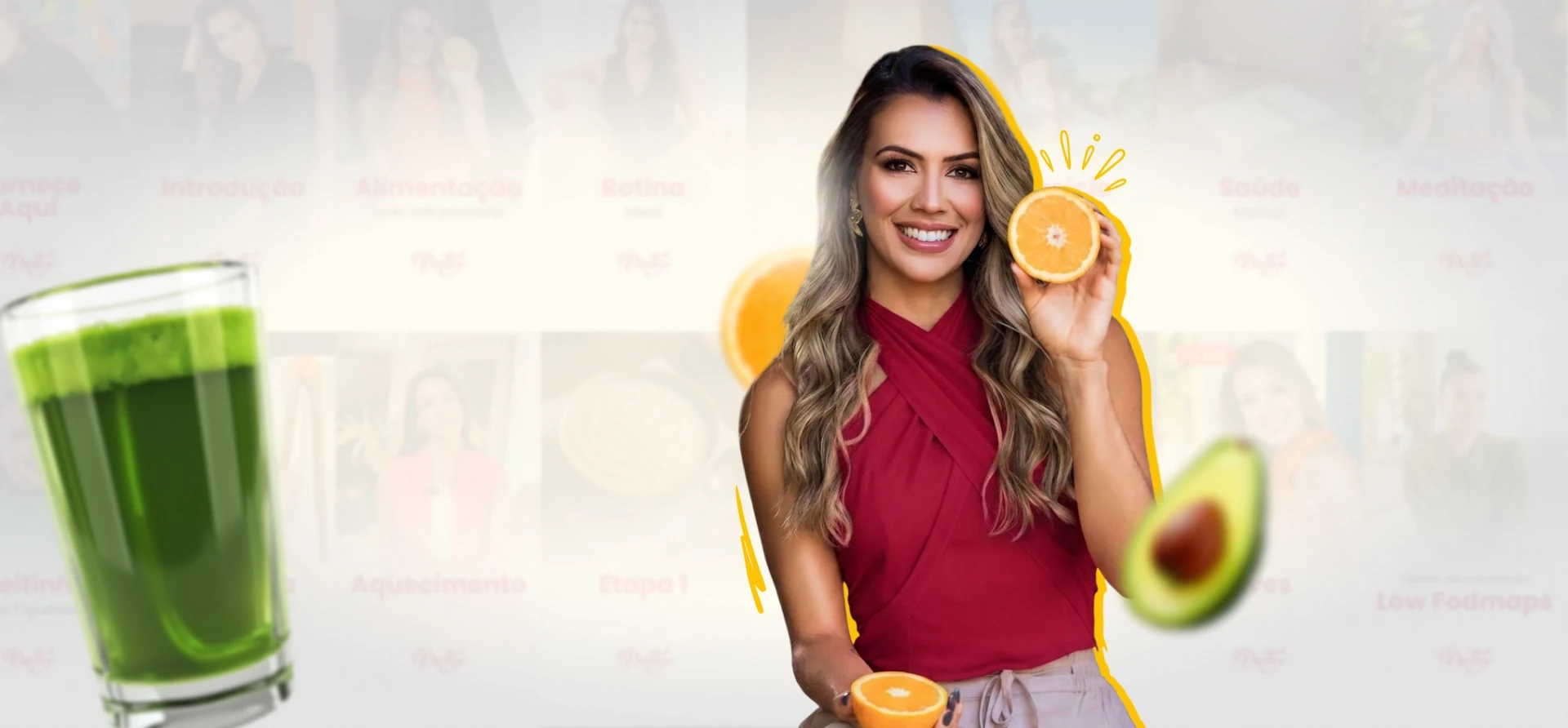 Beatriz Carrocini sorrindo com uma laranja, em arte do Desafio Detox
